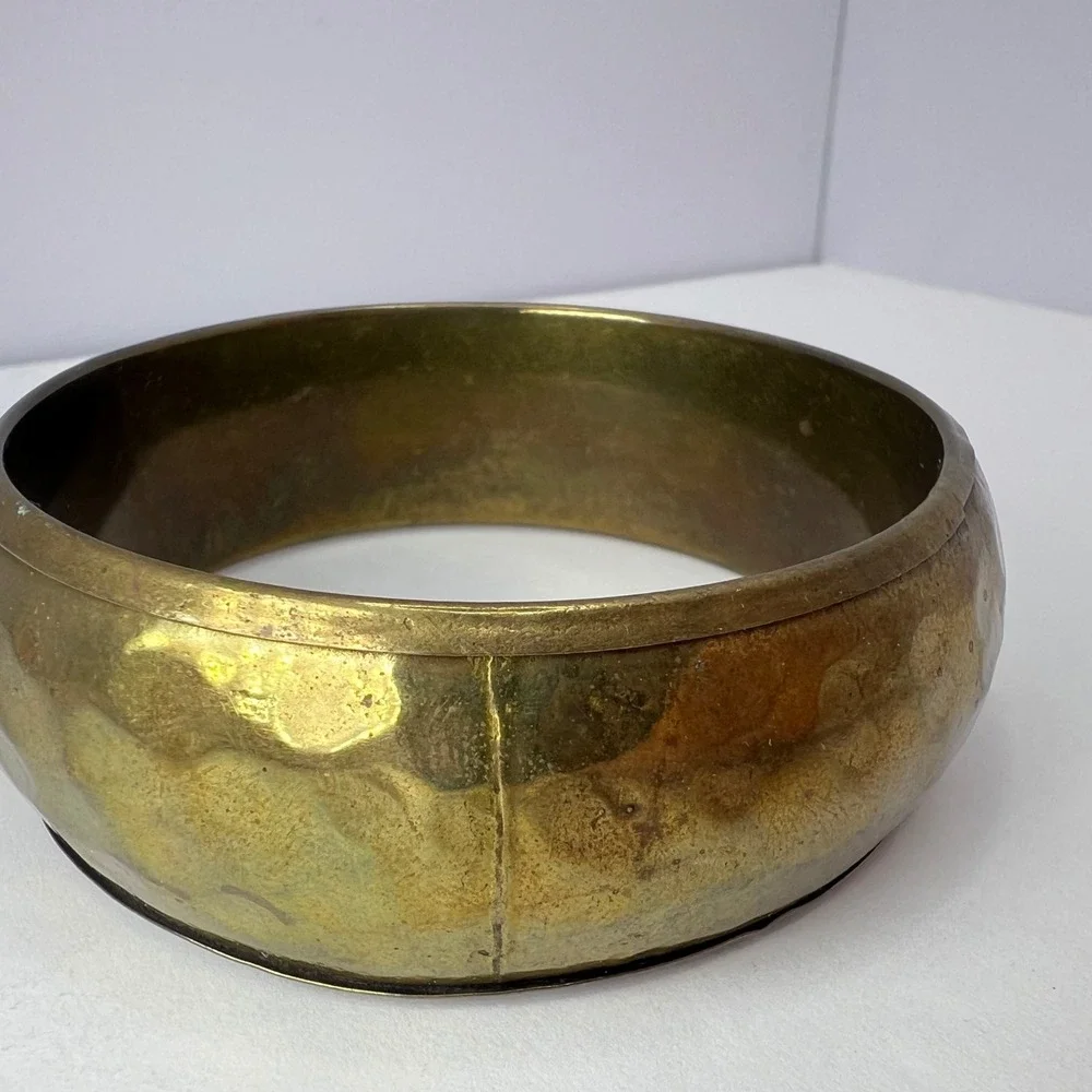 Vintage Hammered Brass Bangle Bracelet Handcrafted Jewelry Boho 70s Chunky Retro